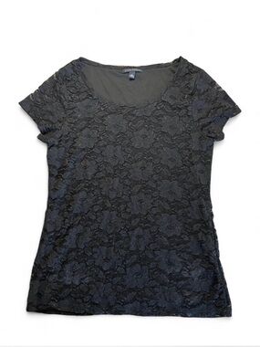Banana Republic Black Floral Lace Short Sleeve Tee